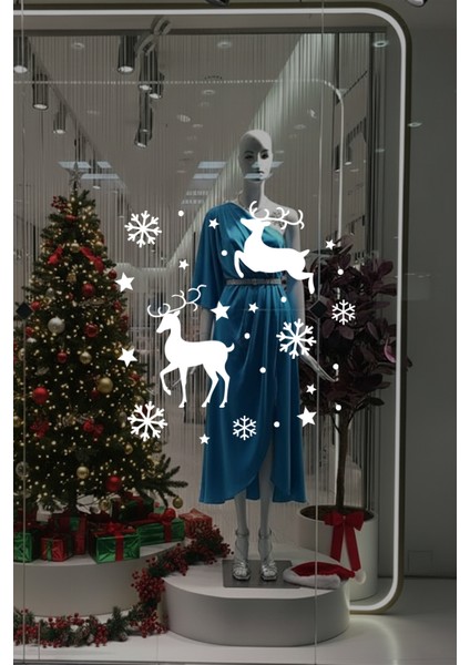 Yılbaşı Süslemeleri Geyik Yıldız Kar Tanesi Vitrin Düzenlemesi Yılbaşı Stickerları 50X50CM - Beyaz indirimleri