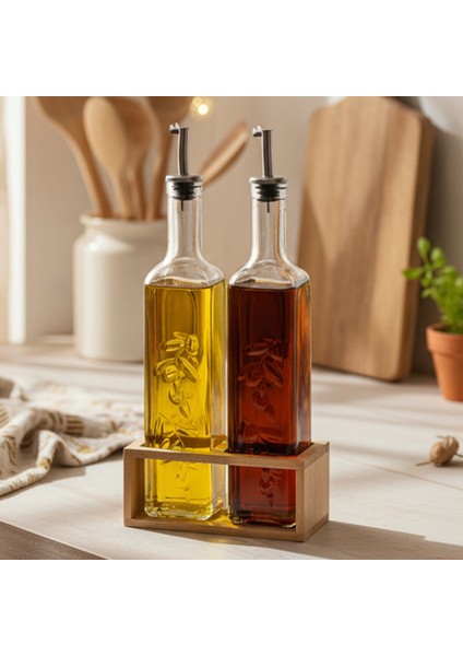 Olea - 2'li Ahşap Yüksek Standlı Cam Zeytinyağı Şişesi Yağdanlık Damlatmaz Yağlık Sirkelik 500ML fiyatları
