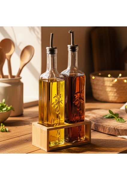 Olea - 2'li Ahşap Yüksek Standlı Cam Zeytinyağı Şişesi Yağdanlık Damlatmaz Yağlık Sirkelik 500ML modelleri
