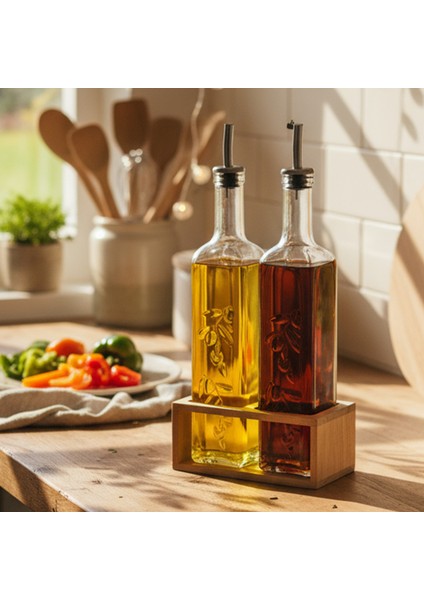 Olea - 2'li Ahşap Yüksek Standlı Cam Zeytinyağı Şişesi Yağdanlık Damlatmaz Yağlık Sirkelik 500ML fırsatları