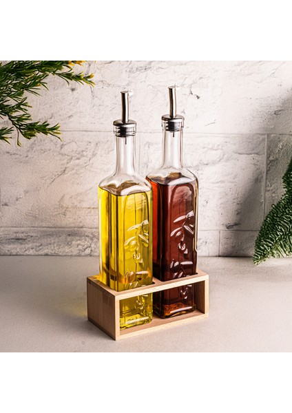 Olea - 2'li Ahşap Yüksek Standlı Cam Zeytinyağı Şişesi Yağdanlık Damlatmaz Yağlık Sirkelik 500ML indirimleri