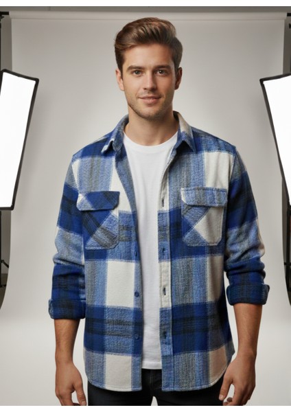 Erkek Oduncu Klasik Kesim Çift Cepli Yaka Düğmeli Kışlık Kareli Gömlek