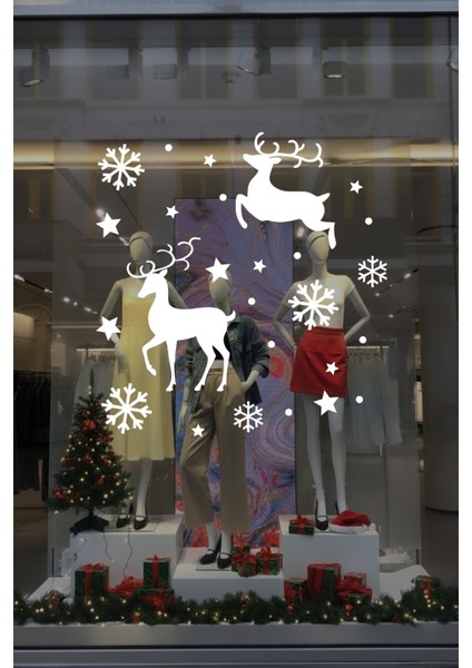 Yılbaşı Süslemeleri Geyik Yıldız Kar Tanesi Vitrin Düzenlemesi Yılbaşı Stickerları 50X50CM - Beyaz