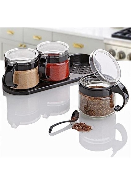 Buffer® Siyah 3lü Standlı Kapaklı Kaşıklı Cam Hava Sızdırmaz Baharatlık Takımı KC-386