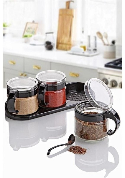 Buffer® Siyah 3lü Standlı Kapaklı Kaşıklı Cam Hava Sızdırmaz Baharatlık Takımı KC-386 indirimleri