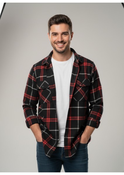 Erkek Oduncu Klasik Kesim Çift Cepli Yaka Düğmeli Kışlık Kareli Gömlek