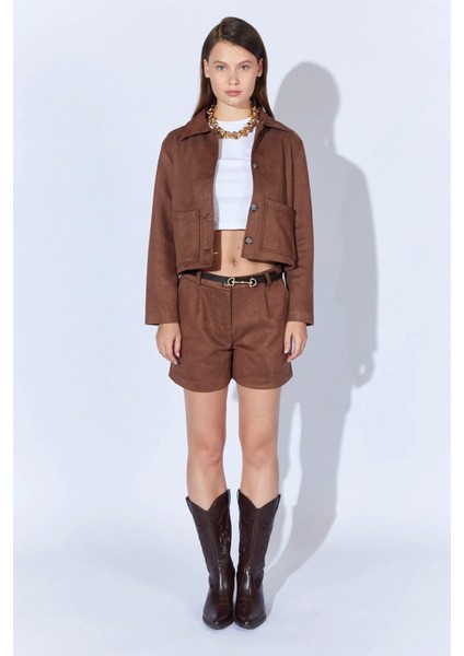 Cepli Kısa Süet Kadın Ceket (Vizon)