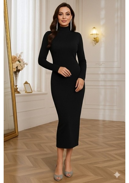 Kadın Uzun Kollu Boğazlı Midi Boy Triko Elbise (Kemersiz)
