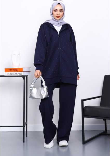 Lacivert Taşlı Scuba Tunik Pantolonlu Takım