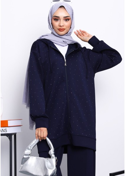 Lacivert Taşlı Scuba Tunik Pantolonlu Takım modelleri