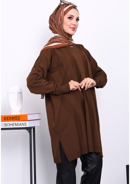 Kahverengi Soğuk İplik Merserize Triko Tunik modelleri