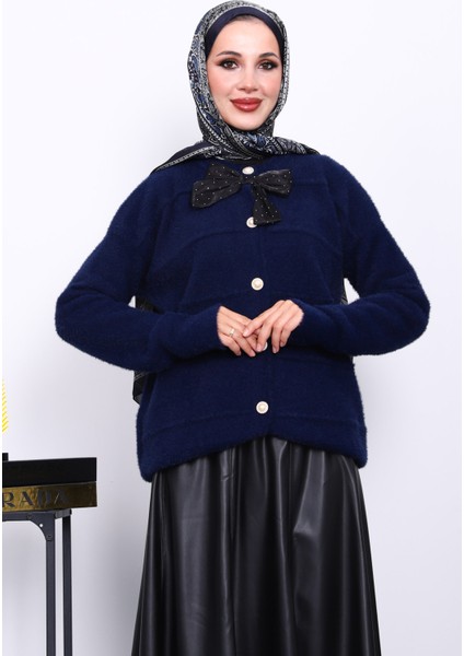 Lacivert Fiyonk Detaylı Angora Yumoş Triko Hırka