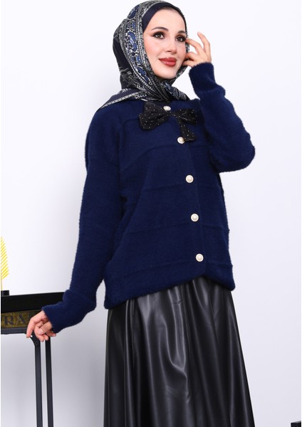 Lacivert Fiyonk Detaylı Angora Yumoş Triko Hırka modelleri