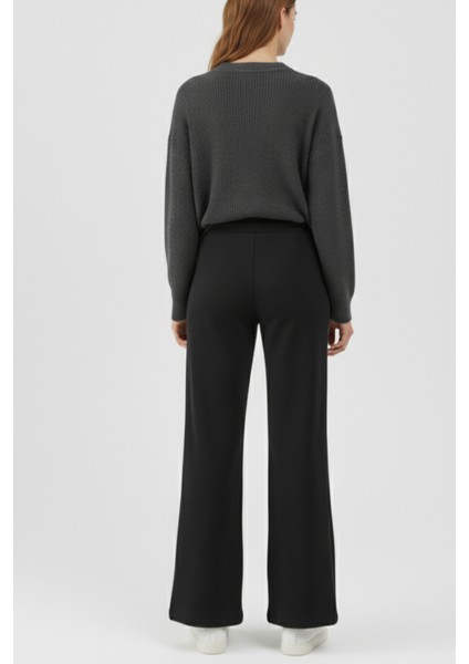 Pamuklu Kadın Mevsimlik Eşofman Altı Yüksek Bel Siyah Flare Fit Geniş Paça Ipli Cepli Esnek Yumuşak