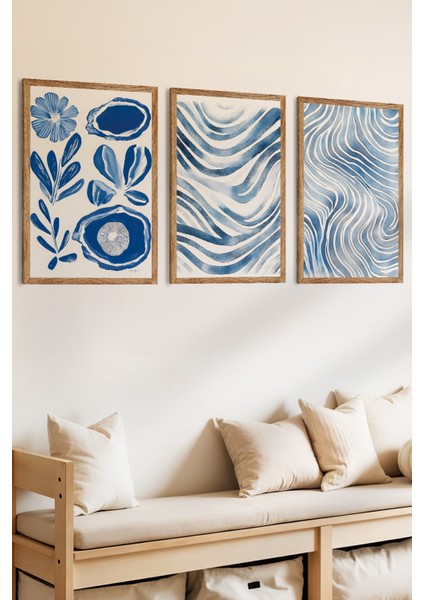 3 Parça Mavi Dokunuşlar Temalı Ahşap Çerçeve Görünümlü Mdf Tablo Seti fiyatları