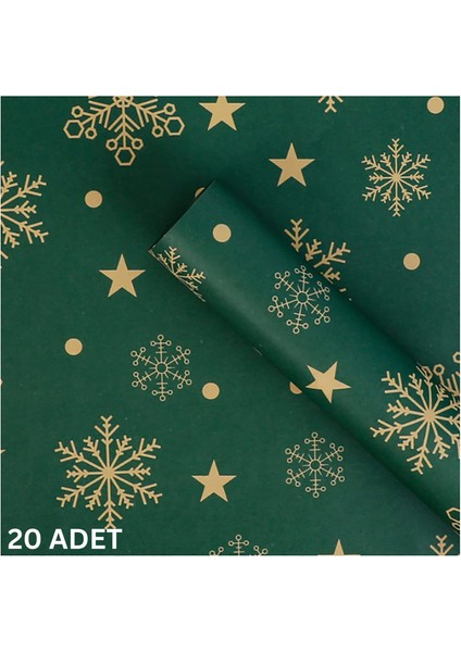 Yılbaşı Kar Tanesi Desenli Çiçek Buket Kağıdı - Hediye ve Ambalaj Kağıdı, Yeşil, 20 Adet, 58X58 cm