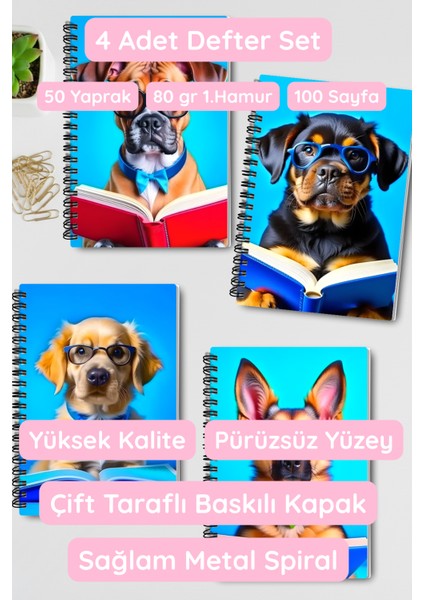 Kitap Okuyan Sevimli Köpekler Tasarım Tel Spiralli 4'lü Hatıra, Günlük, Ajanda, Okul Defter Seti