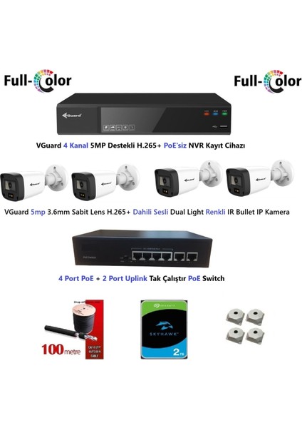 Nif Bilişim 5mp Dahili Sesli ve Gece Renkli 4 Kameralı Tak Çalıştır Hazır Ip Kamera Seti 2tb Disk