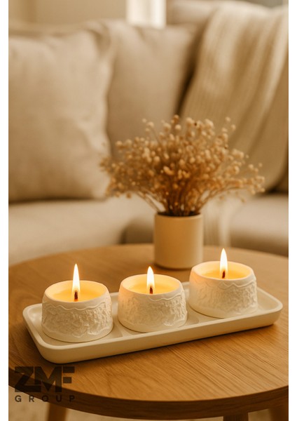 Dekoratif Tepside Kayalık Detaylı Üçlü Mum Seti