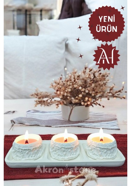 Dekoratif Tepside Kayalık Detaylı Üçlü Mum Seti fiyatları