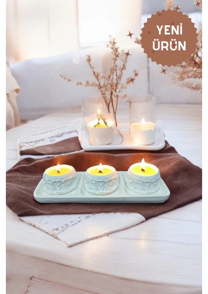 Dekoratif Tepside Kayalık Detaylı Üçlü Mum Seti fırsatları