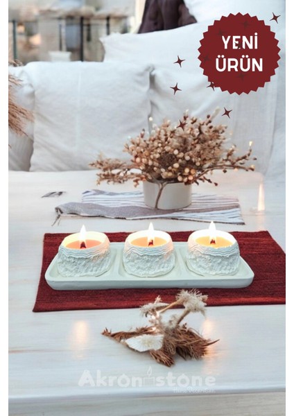 Dekoratif Tepside Kayalık Detaylı Üçlü Mum Seti indirimleri