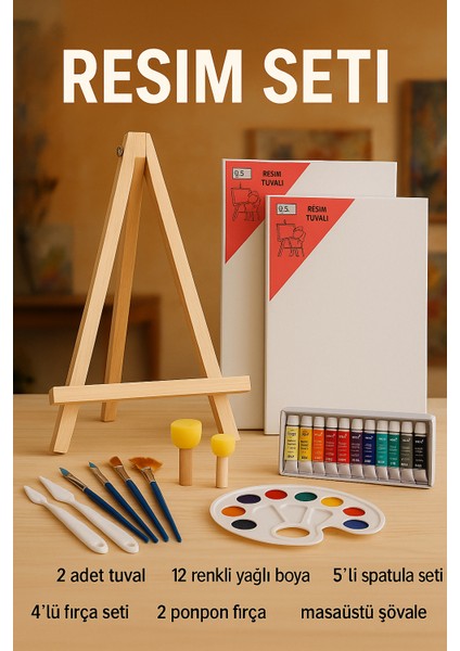 Yağlı Boya Resim Başlangıç Seti 2- Küçük Şövale, Yağlı Boya, Fırça, (Şövalye)