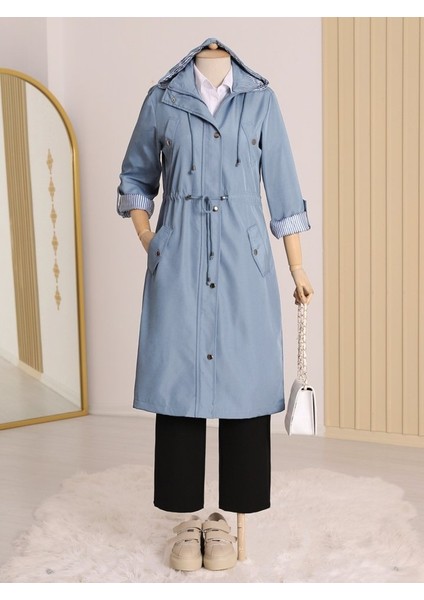 Alpaco Astarı Çizgili Trençkot -Mavi -Collectıon