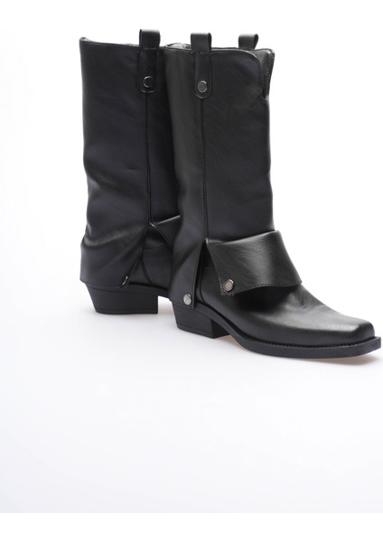 Kadın Deri Kovboy Çizme Küt Burunlu Körüklü Siyah Texara
