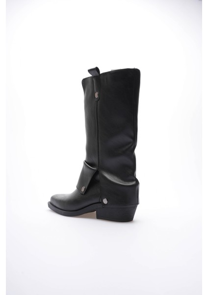 Kadın Deri Kovboy Çizme Küt Burunlu Körüklü Siyah Texara fırsatları