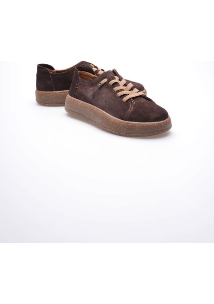 Kadın Hakiki Süet Sneaker Comfort Tabanlı Lastik Bağcıklı Günlük Ayakkabı Kahve Navel