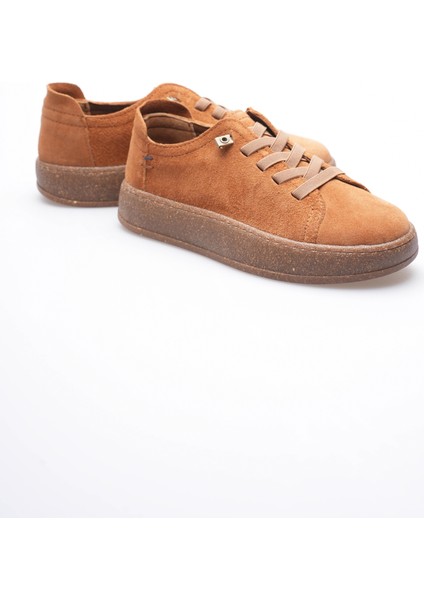 Kadın Hakiki Süet Sneaker Comfort Tabanlı Lastik Bağcıklı Günlük Ayakkabı Taba Navel