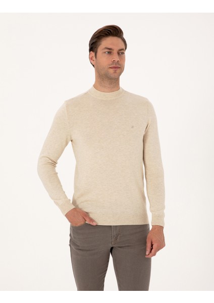 Erkek Krem Melanj Slim Fit Çeyrek Yaka Basic Triko Kazak 50314188-VR159