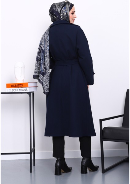 Lacivert Kruvaze Yaka Kuşaklı Kaşe Kaban fırsatları