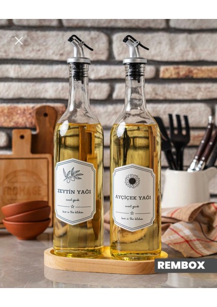 Ahşap Standlı 2'li Yağ ve Sirke Şişesi 750 ml Yağlık Zeytinyağ Sıvıyağ Şişesi Şeffaf Cam Yağdanlık