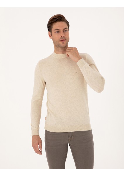 Erkek Krem Melanj Slim Fit Çeyrek Yaka Basic Triko Kazak 50314188-VR159 modelleri