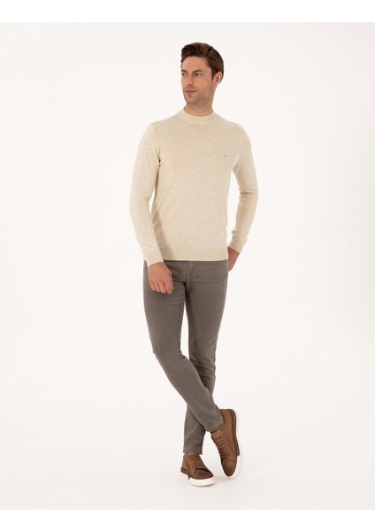 Erkek Krem Melanj Slim Fit Çeyrek Yaka Basic Triko Kazak 50314188-VR159 fırsatları