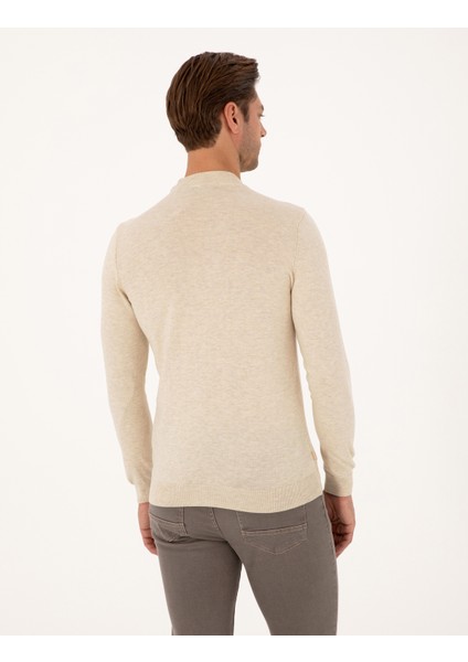 Erkek Krem Melanj Slim Fit Çeyrek Yaka Basic Triko Kazak 50314188-VR159 indirimleri