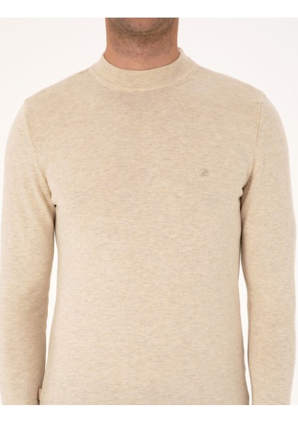 Erkek Krem Melanj Slim Fit Çeyrek Yaka Basic Triko Kazak 50314188-VR159