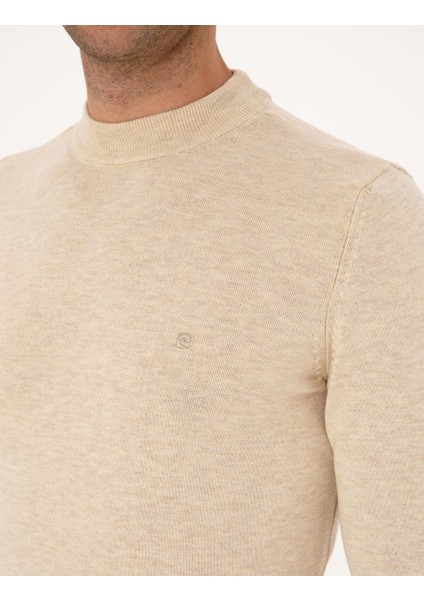 Erkek Krem Melanj Slim Fit Çeyrek Yaka Basic Triko Kazak 50314188-VR159