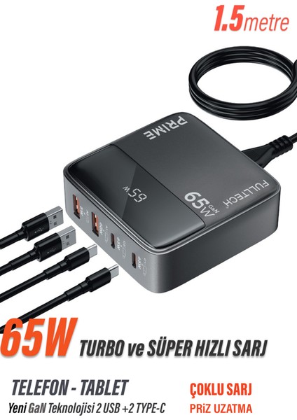45W Süper Hızlı - 65W Turbo Hızlı Şarj Cihazı 4in1 Gan Teknolojisi 2 Usb+2 Type-C Pd 3.0 LCD Ekranlı