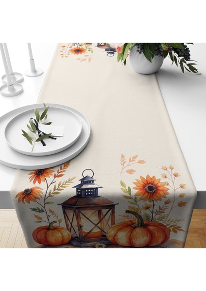 Dijital Baskılı Runner - Yaprak / Sonbahar / Kabak Desenli - 140X40 cm fiyatları
