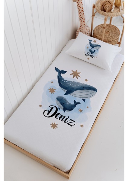 Isme Özel %100 Pamuk Bebek ve Çocuk Tek Kişilik 165 x 225 cm Pike Takımı-Balinalar