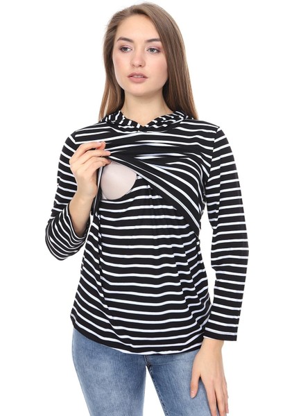 MYRA3520 Siyah Çizgili Kapüşonlulu Emzirme Sweatshirt