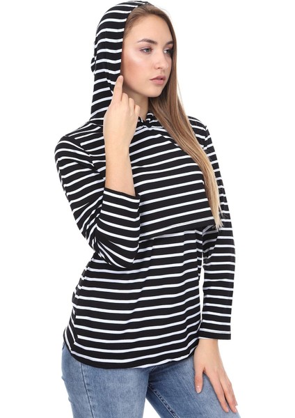 MYRA3520 Siyah Çizgili Kapüşonlulu Emzirme Sweatshirt modelleri
