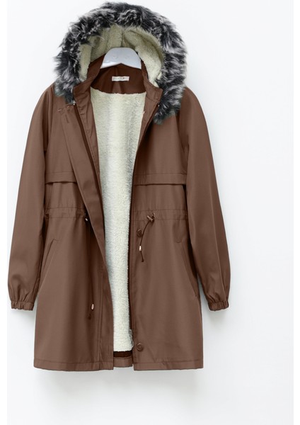 Alpaco Kürklü Çıkma Kapşonlu Bağcıklı Bondit Kaban -Taba -Collectıon