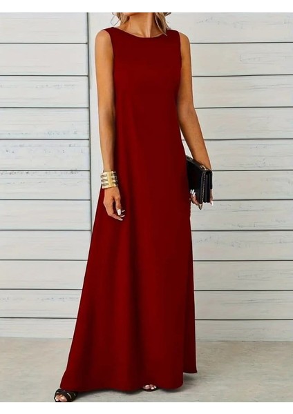 Alpaco Kadın Kolsuz Kayık Yaka Maksi Janjan Krep Elbise -Collectıon