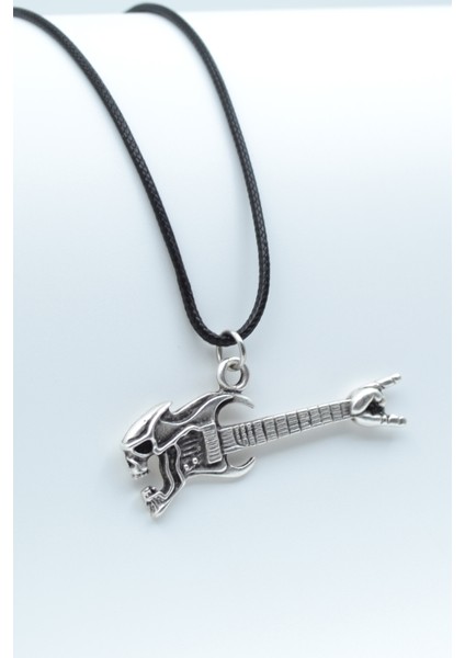 Kuru Kafa Elektro Gitar Gümüş Kaplama Deri İp Kolye