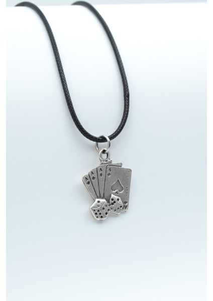 Maça As Poker İskambil - Zar Gümüş Kaplama Deri İp Kolye