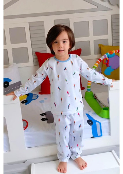 Erkek Çocuk Pijama Takımı Renkli Papağan Desenli 1-3 Yaş, Buz Mavisi